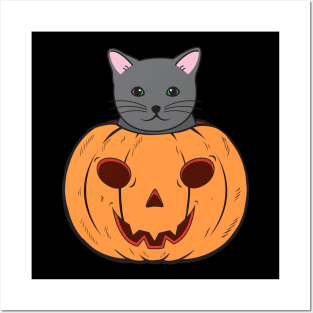 Halloween Cat With Witch Hat Stuck In A Pumpkin Head. Posters and Art